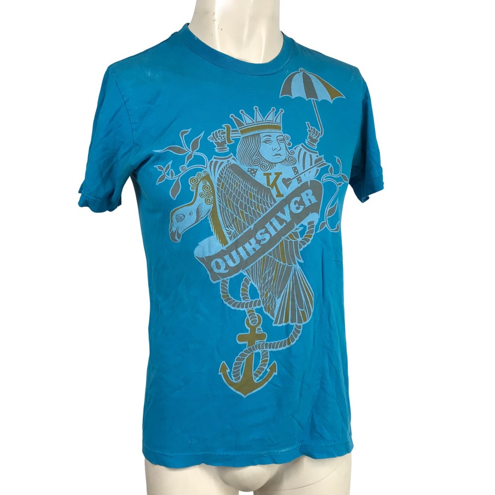 VTG Quiksilver Graphic T-Shirt Turquoise Blue King Anchor Surf Skate Tee Small
